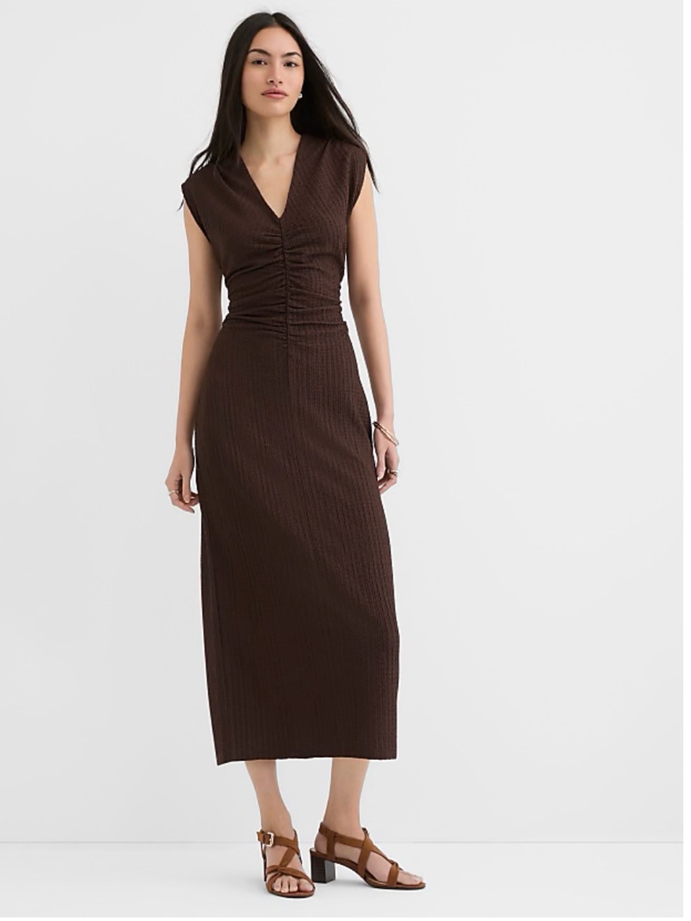 Loft Women’s Chocolate Brown Ruched V-Neck Midi Dress